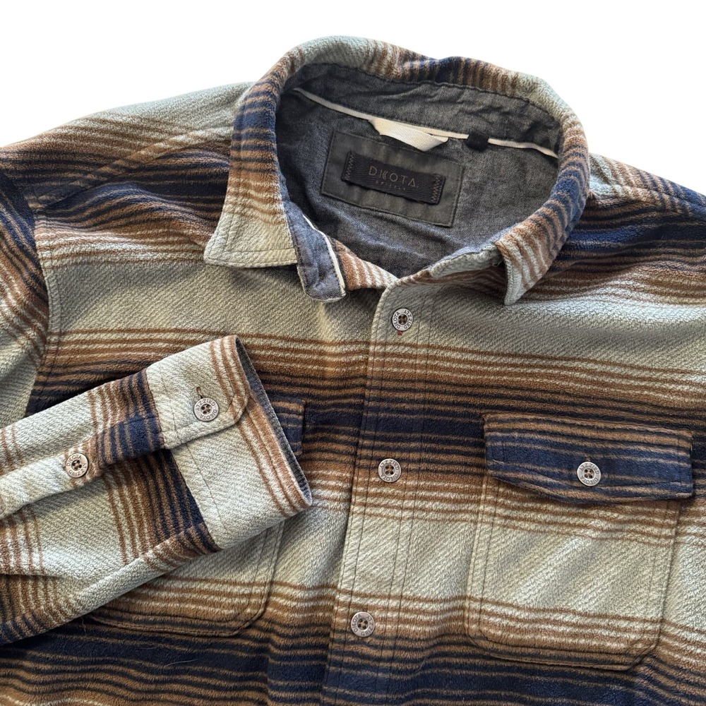 Dakota Grizzly Mens XL Striped Fleece Flannel Shirt Brown Blue Button Down